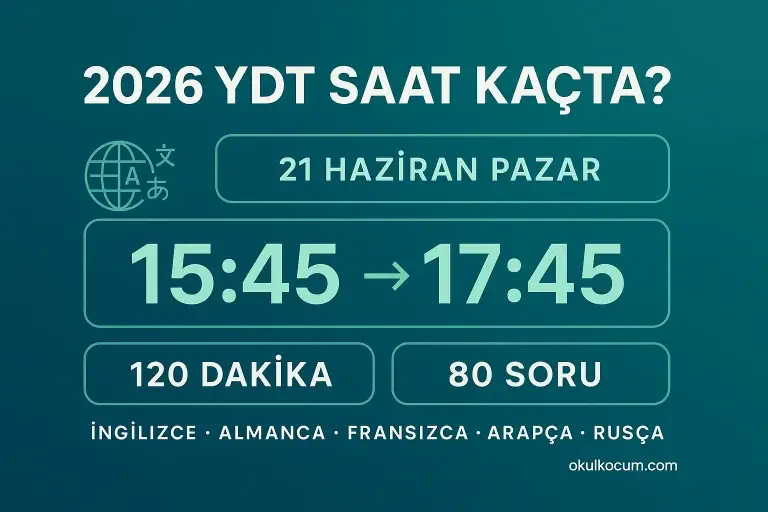 2026 YDT yabancı dil sınavı 21 Haziran Pazar saat 15:45'te başlar, 17:45'te biter, 120 dakika, 80 soru