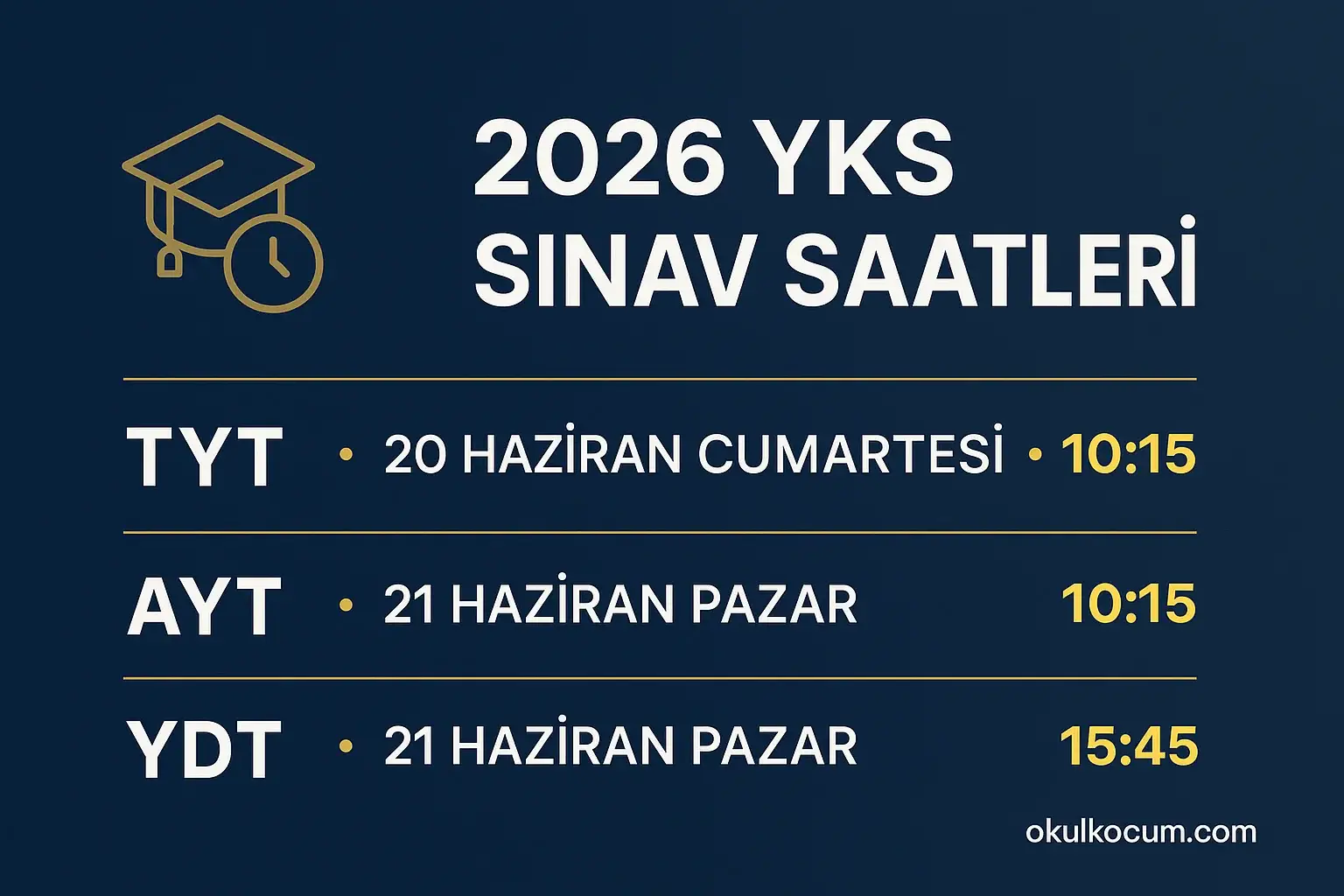 2026 YKS sınav saatleri: TYT 20 Haziran 10:15, AYT 21 Haziran 10:15, YDT 21 Haziran 15:45