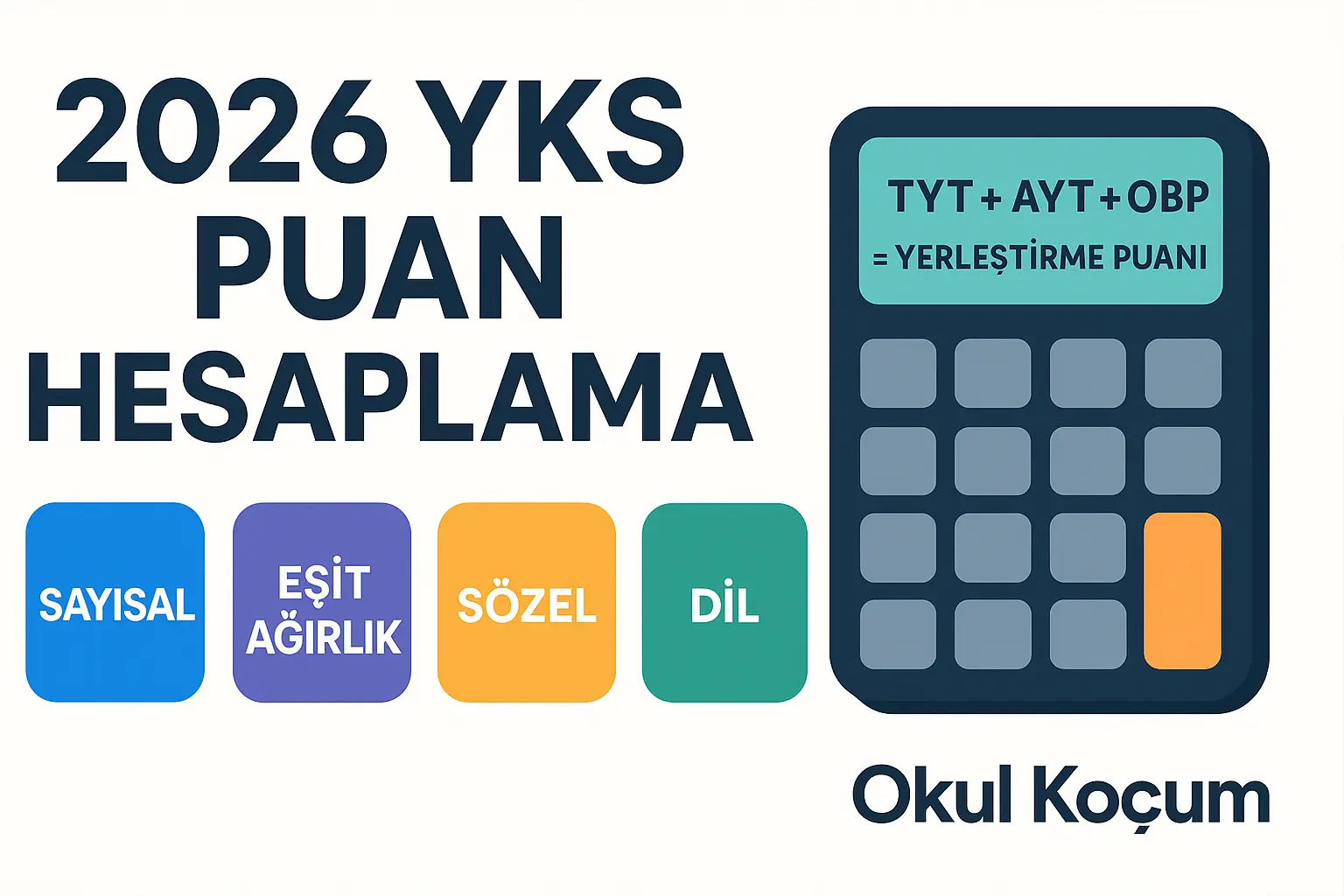 2026 YKS Puan Hesaplama aracı görseli — Sayısal, Eşit Ağırlık, Sözel, Dil puan türleri ve TYT+AYT+OBP yerleştirme puanı formülü gösteren eğitim infografiği
