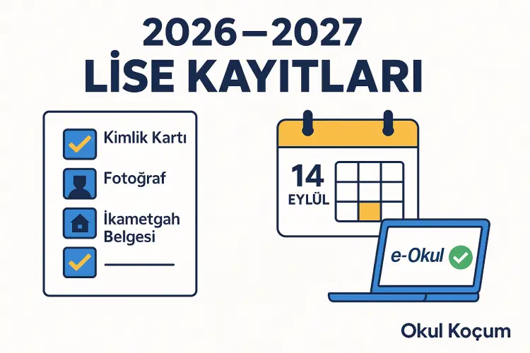 2026-2027 lise kayıtları görseli — gerekli belgeler kontrol listesi, 14 Eylül okul açılış tarihi ve e-Okul otomatik kayıt bilgisi