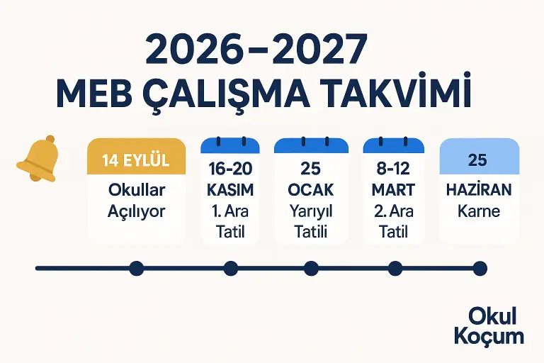 ana sayfa 6 2026-2027 MEB çalışma takvimi görseli — 14 Eylül okul açılışı, ara tatiller, yarıyıl tatili ve 25 Haziran karne tarihleri zaman çizelgesi