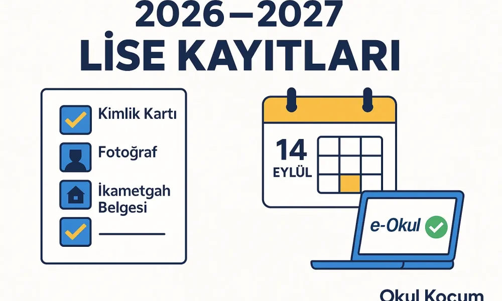 2026-2027 lise kayıtları görseli — gerekli belgeler kontrol listesi, 14 Eylül okul açılış tarihi ve e-Okul otomatik kayıt bilgisi
